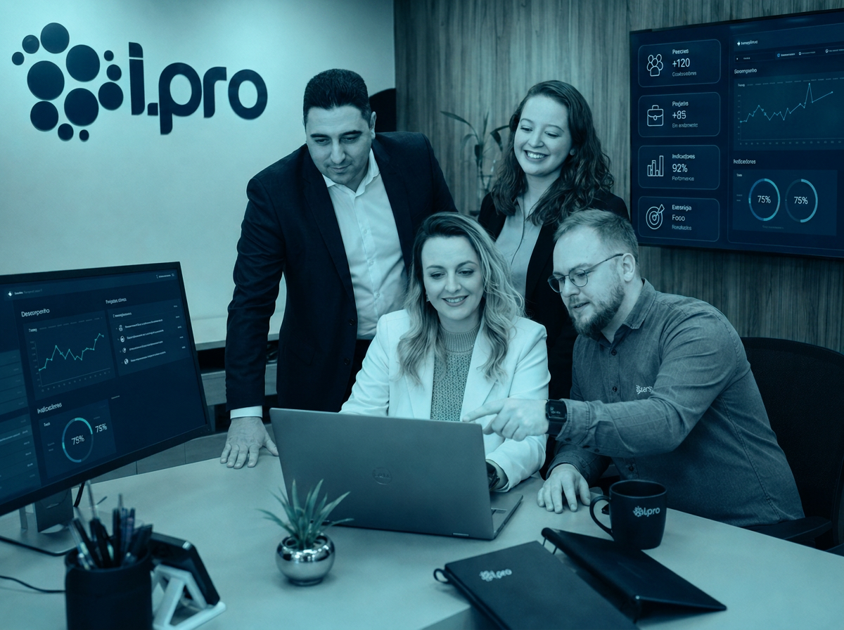 Equipe I.PRO colaborando em reunião com dashboards de desempenho ao fundo